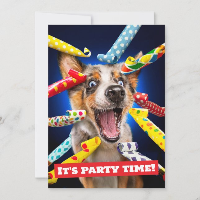 Invitación Sopladores de fiesta de perro feliz (Anverso)