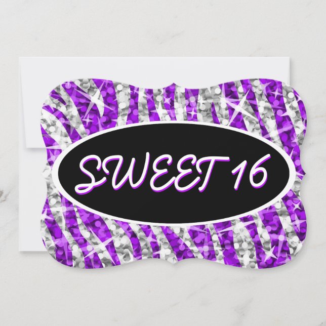 Invitación Soporte oval negro Glitz Zebra Purple "Sweet 16" (Anverso)