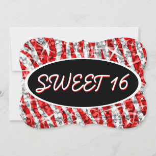 Invitación Soporte oval negro Glitz Zebra Red Sweet 16