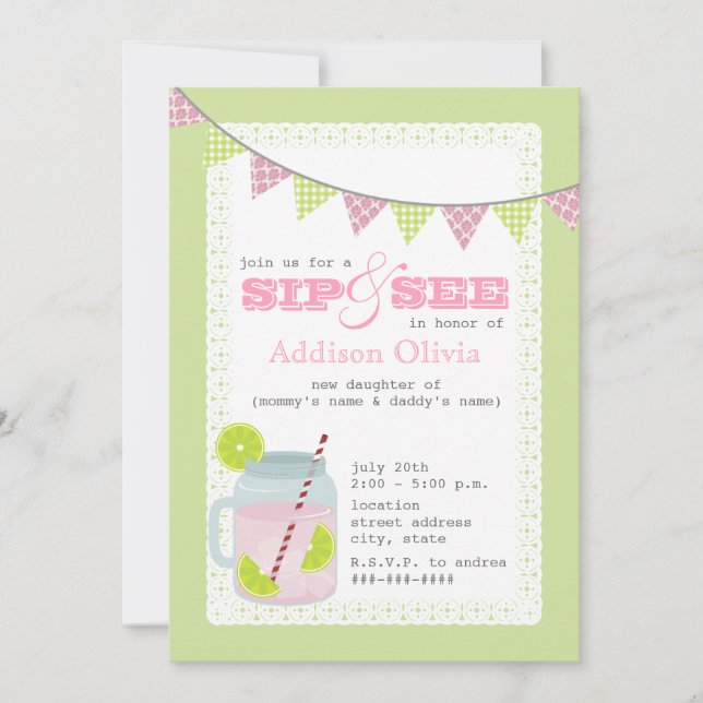 Invitación Sorbo rosado y verde de la limonada y de la cal + (Anverso)