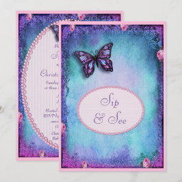 Invitación Sorbo & Vea Falso Brillo, Mariposa, Rosas, Encaje