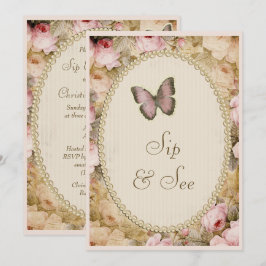 Invitación Sorbo & Ver Perlas Vintage Encaje Rosas Mariposa
