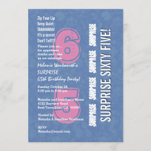 Invitación SORPRENDA 65.o V04 azul y rosado moderno del