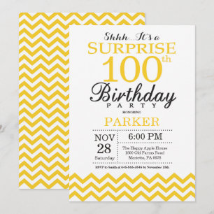 Invitación Sorprenda el 100o cumpleaños Chevron amarillo