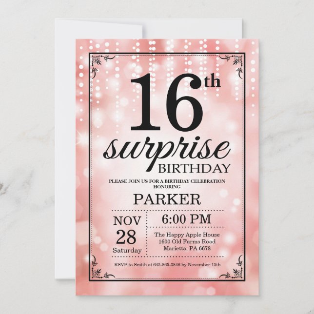 Invitación Sorprenda el décimosexto purpurina del rosa de la (Anverso)