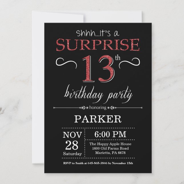 Invitación Sorprenda el décimotercero negro y rojo de la (Anverso)
