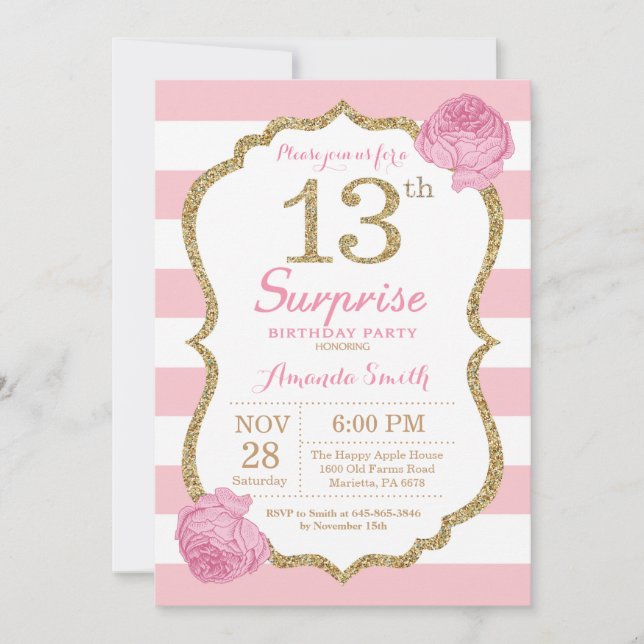 Invitación Sorprenda el décimotercero rosa y oro de la (Anverso)