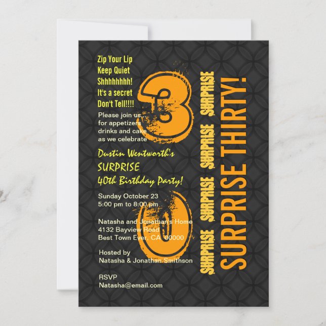 Invitación SORPRENDA el trigésimo negro y oro modernos E002 (Anverso)