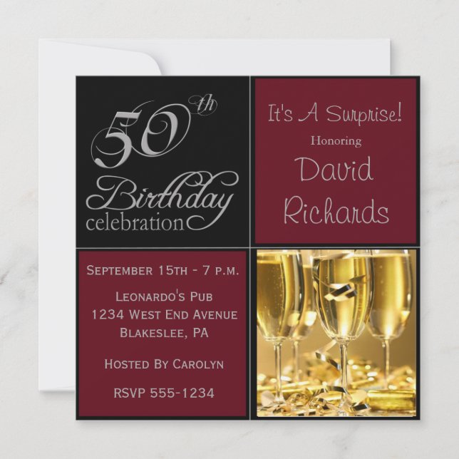 Invitación Sorprenda la 50.a fiesta de cumpleaños Borgoña y (Anverso)