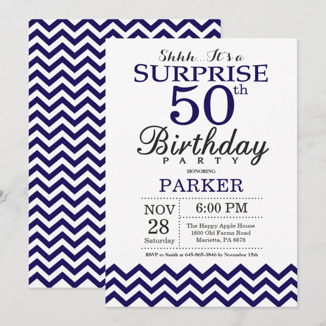 Invitación Sorprenda los 50.os azules marinos Chevron del (Anverso / Reverso)