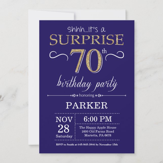 Invitación Sorprenda los 70.os azules marinos del cumpleaños (Anverso)