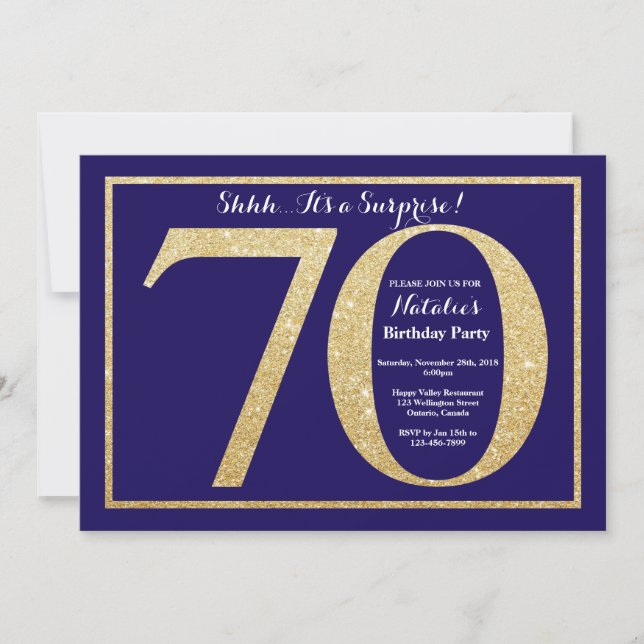 Invitación Sorprenda los 70.os azules marinos del cumpleaños (Anverso)