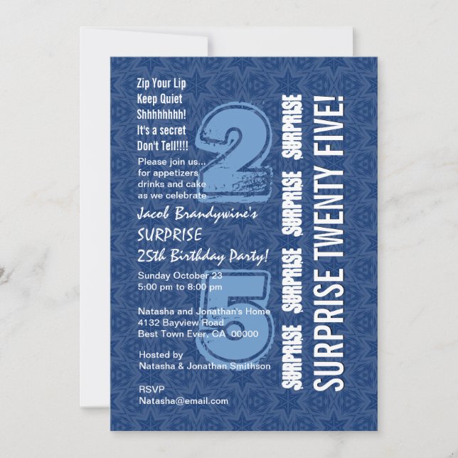 Invitación SORPRENDA W544 azul del 25to cumpleaños y blanco (Anverso)
