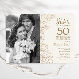 Invitación Sorprende 50 Aniversario con Foto - Floral Dorado