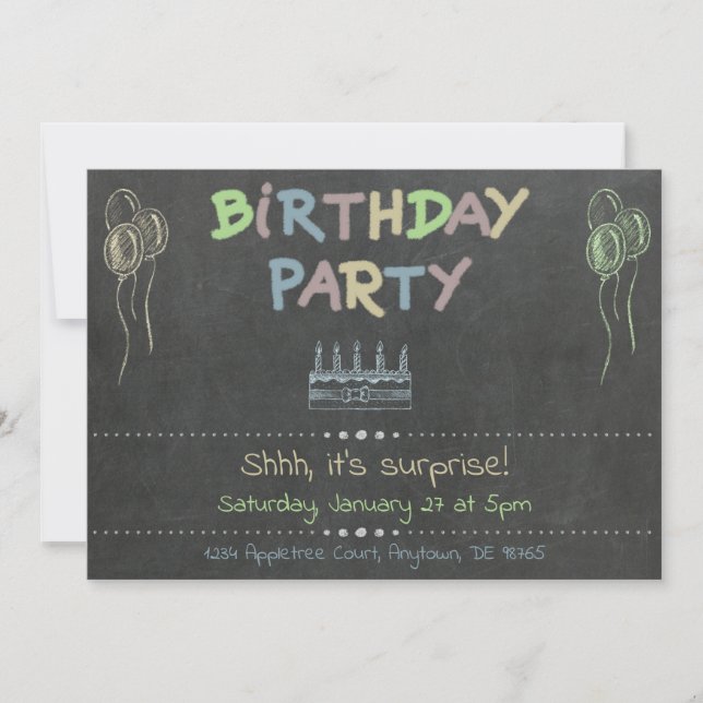 Invitación Sorprende Birthday Party Chalkboard (Anverso)