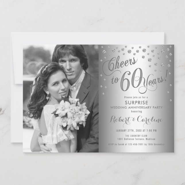 Invitación Sorprende el 60º aniversario con foto - Plata (Anverso)