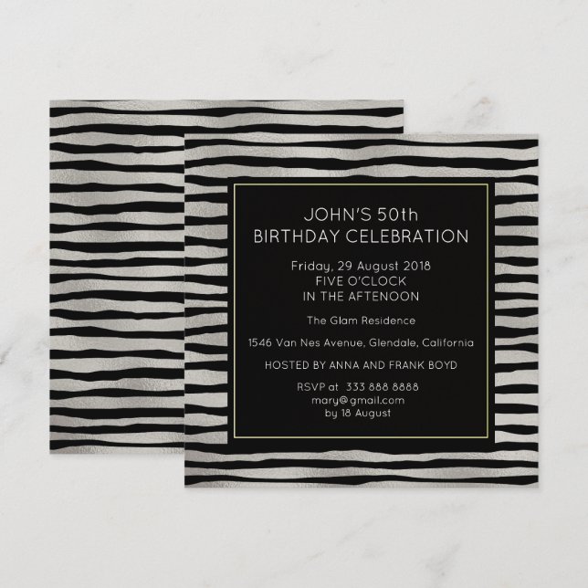 Invitación Sorprende fiesta de cumpleaños Silver Black Stripe (Anverso / Reverso)