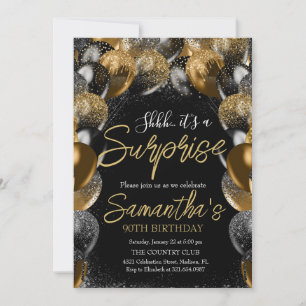 Invitación Sorprende globos Purpurina de oro negro de cumplea