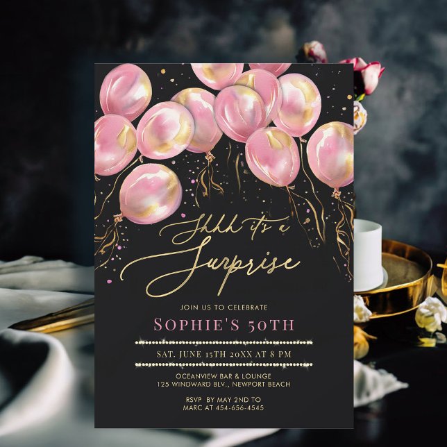 Invitación Sorprende globos rosados oro negro 50 cumpleaños (50th birthday invitations for women surprise party balloons arch pink gold black calligraphy modern )