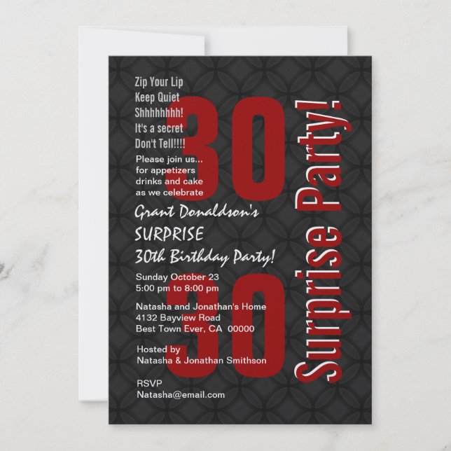 Invitación SORPRENDENTE 30 cumpleaños blanco negro F001 (Anverso)