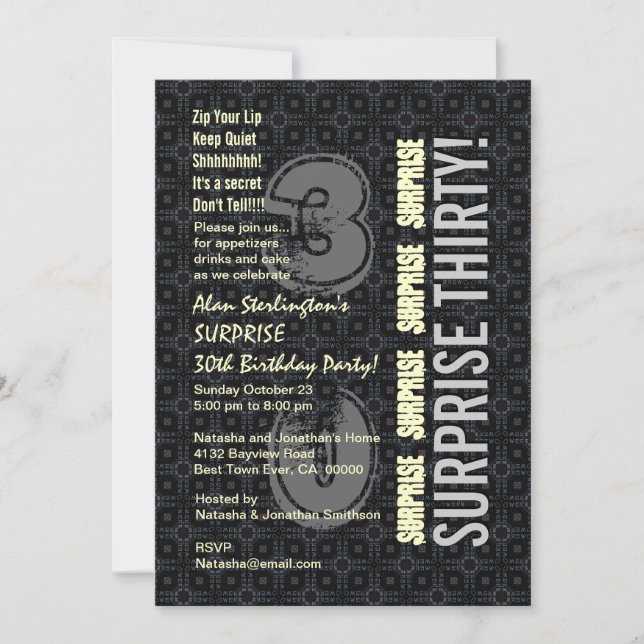 Invitación SORPRENDENTE 30 cumpleaños de marfil negro de plat (Anverso)