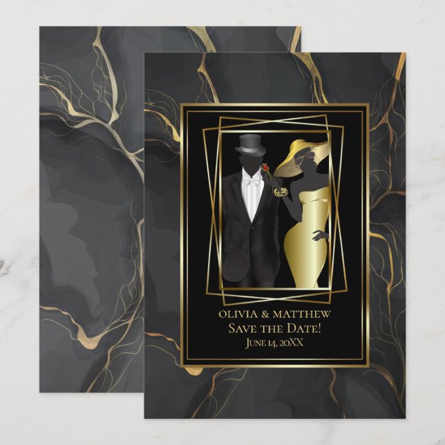 Invitación Sorprendente Añadir una foto elegante Mármol negro (Anverso / Reverso)