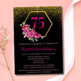 Invitación Sorprendente Cumpleaños 75 Negro Oro y Rosa Españo