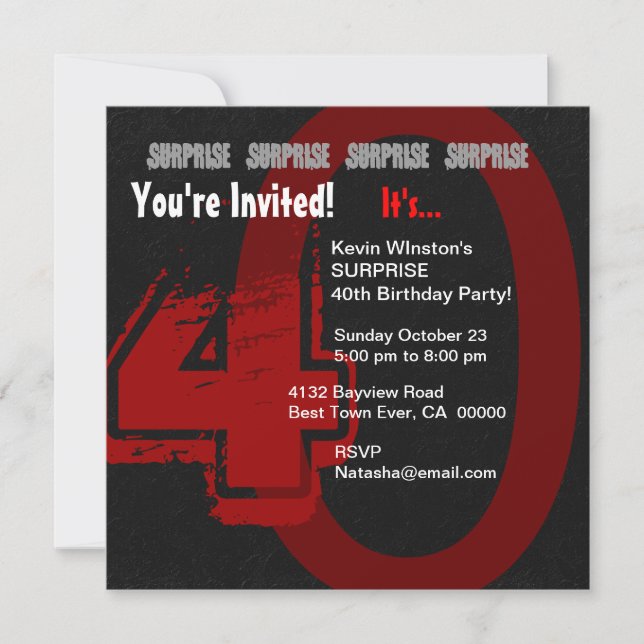 Invitación Sorprendente Grunge 40 cumpleaños rojo y negro W20 (Anverso)
