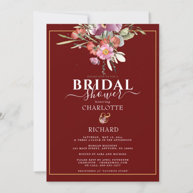 Invitación Sorprendente lluvia floral rosa con oro y ampersan (Anverso)