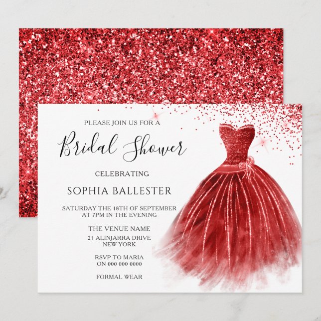 Invitación Sorprendente Purpurina rojo vestido vestido vestid (Anverso / Reverso)