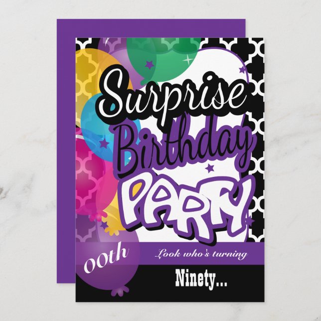 Invitación Sorpresa 00 cumpleaños con globos en morado (Anverso / Reverso)