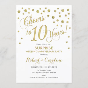 Invitación Sorpresa 10º Aniversario de Boda - Blanco y Dorado