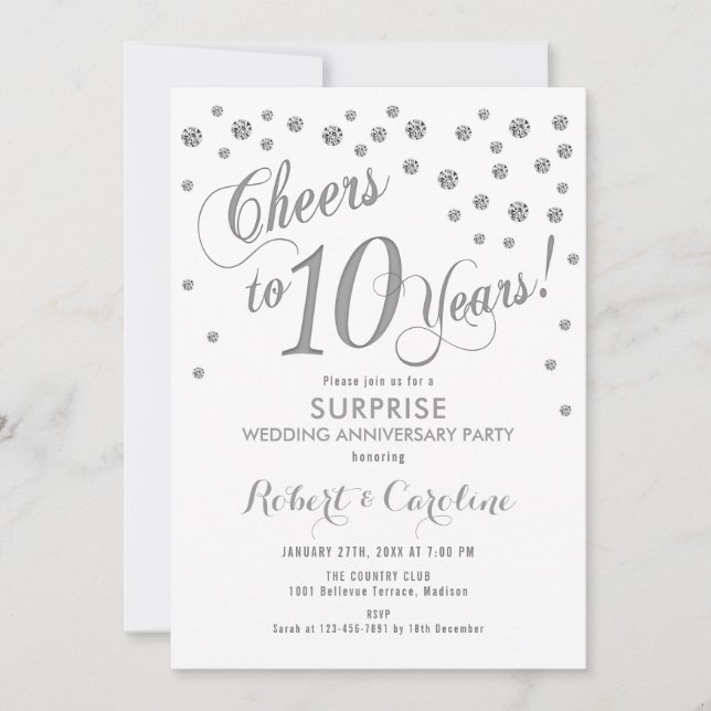 Invitación Sorpresa 10º Aniversario de Boda - Blanco y Plata (Anverso)