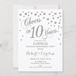Invitación Sorpresa 10º Aniversario de Boda - Blanco y Plata