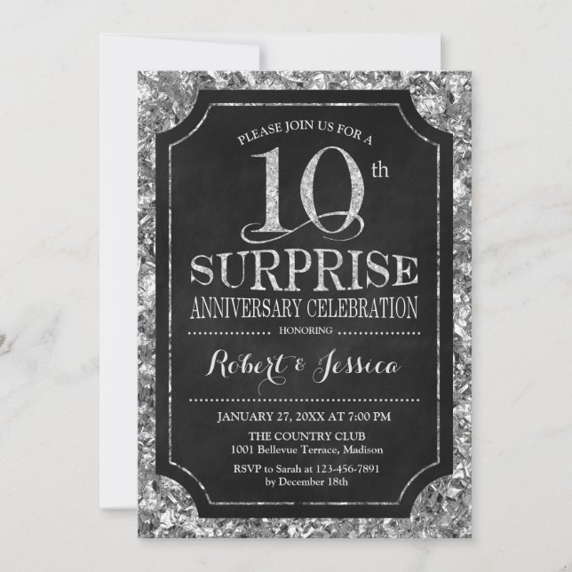 Invitación Sorpresa 10º Aniversario de Boda - Negro Plateado (Anverso)