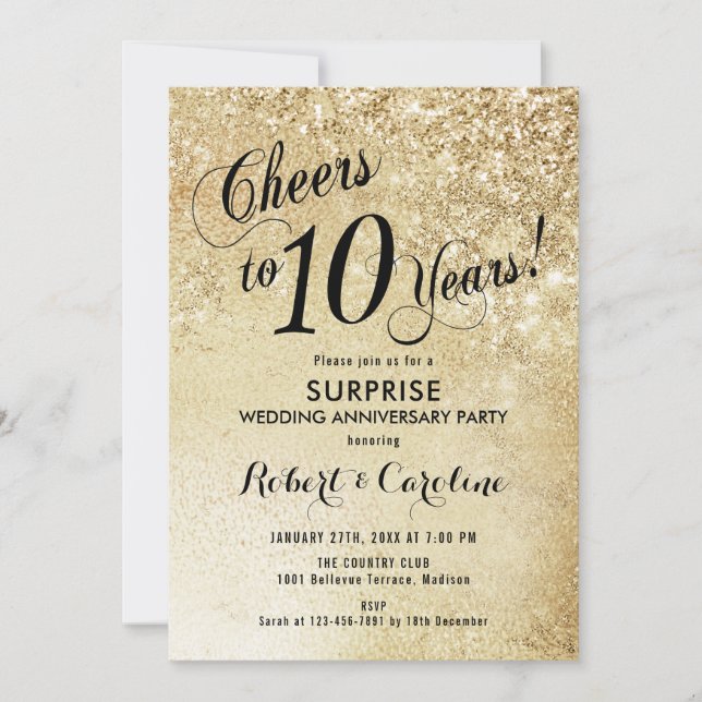 Invitación Sorpresa 10º Aniversario de Boda - Oro (Anverso)