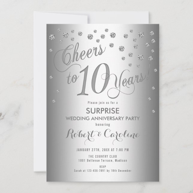 Invitación Sorpresa 10º Aniversario de Boda - Plata (Anverso)