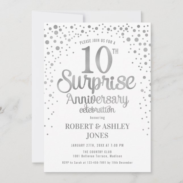 Invitación Sorpresa 10º Aniversario de Boda - Plata y Blanco (Anverso)