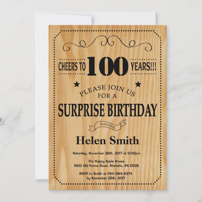 Invitación Sorpresa 100.ª Madera Rústica de Cumpleaños (Anverso)