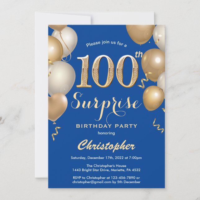 Invitación Sorpresa 100.º Balón Azul y Oro de cumpleaños (Anverso)