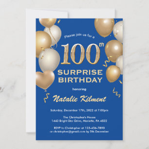 Invitación Sorpresa 100.º Balón Azul y Oro de cumpleaños