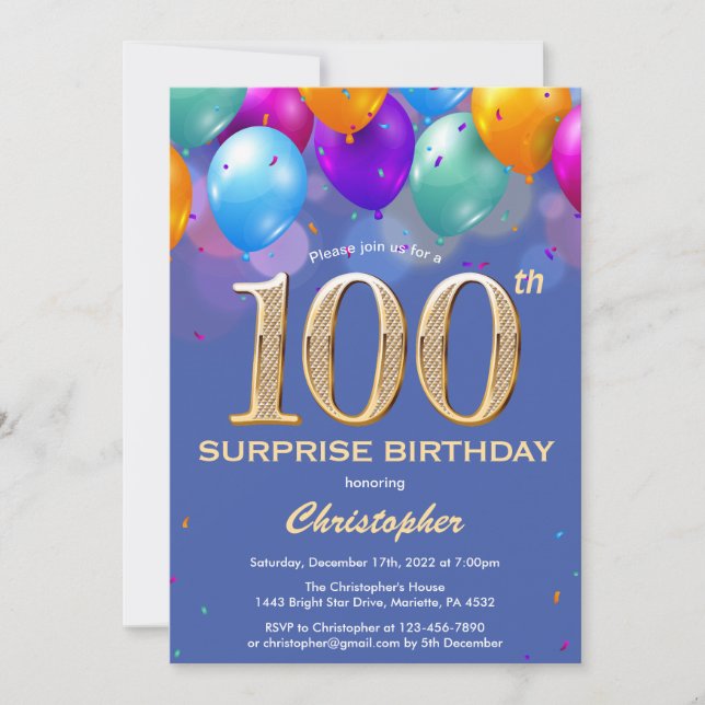 Invitación Sorpresa 100.º Balón Azul y Oro de cumpleaños (Anverso)