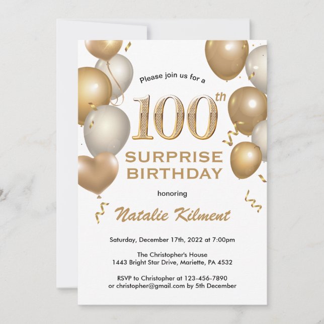Invitación Sorpresa 100.º Balón Blanco y Oro de cumpleaños (Anverso)