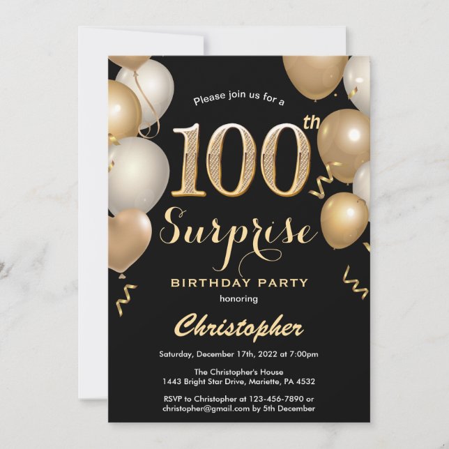 Invitación Sorpresa 100.º cumpleaños Globos de oro y negro (Anverso)