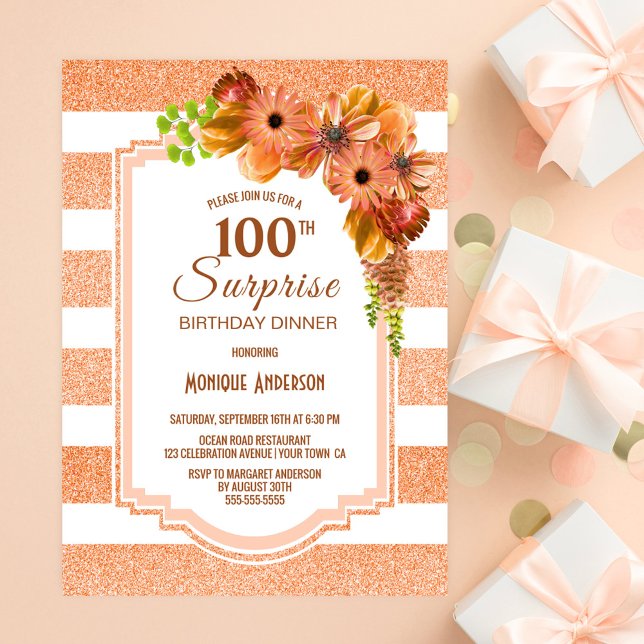 Invitación Sorpresa 100.º Naranja de cumpleaños Fiesta floral (Subido por el creador)