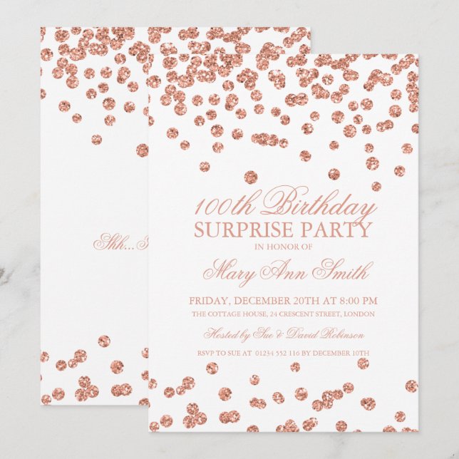 Invitación Sorpresa 100.º Rosa de cumpleaños Purpurina de oro (Anverso / Reverso)