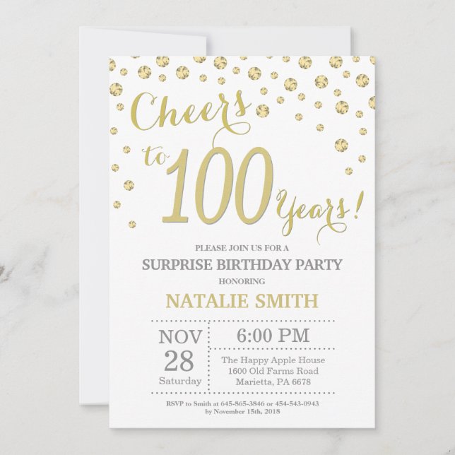 Invitación Sorpresa 100 aniversario Purpurina de oro Diamante (Anverso)