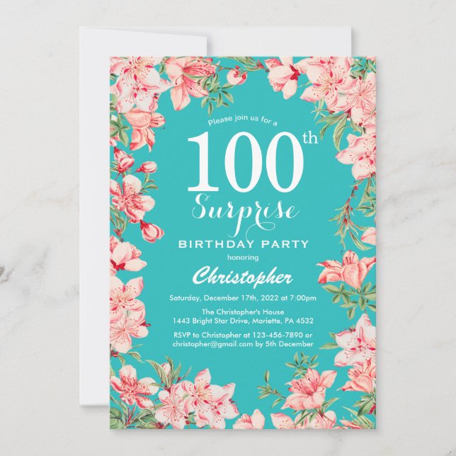 Invitación Sorpresa 100 años Flores de flores rosadas Verde a (Anverso)