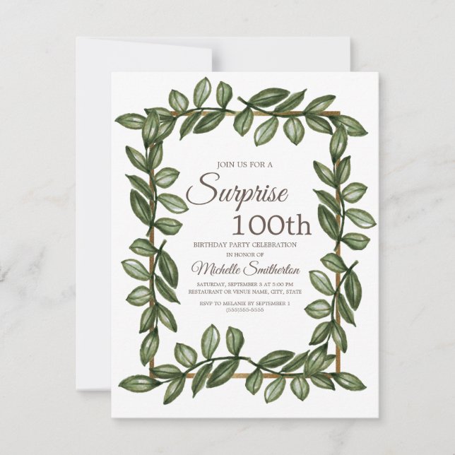 Invitación Sorpresa 100 años verde deja mujeres (Anverso)