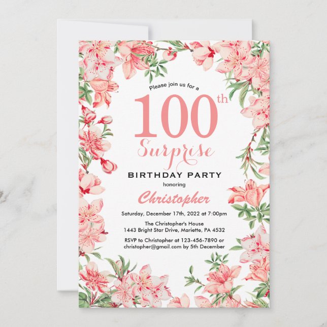 Invitación Sorpresa 100 cumpleaños Boho Rosa Botánico Floral (Anverso)